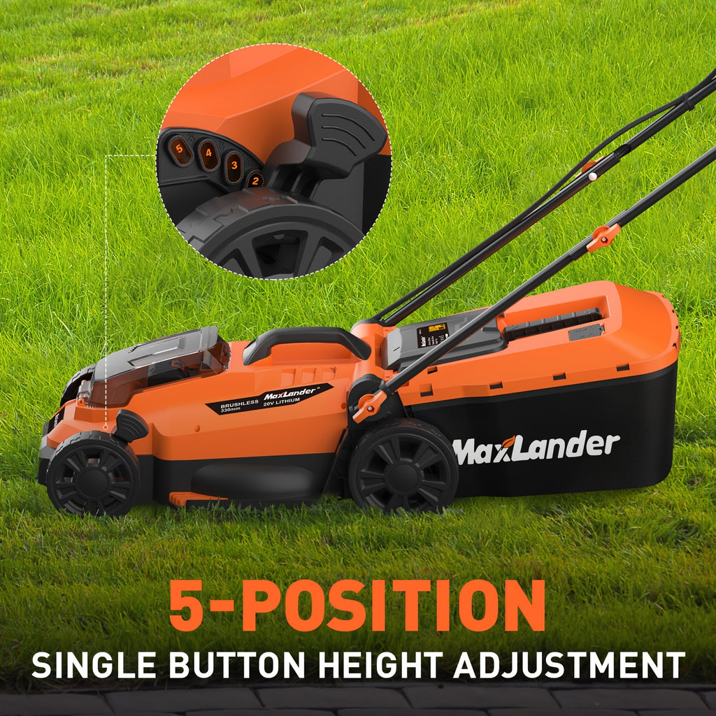 Maxlander 13-Inch Cordless Lawn Mower, 20V 2-In-1 Electric Grass Cutter, Walk-Behind Push Mower, 5-Position Height Adjustment, 2-In-1 Brushless Motor, 1 X 4.0Ah Battery Or 2 X 4.0Ah Batteries, Gifts for Father Husband