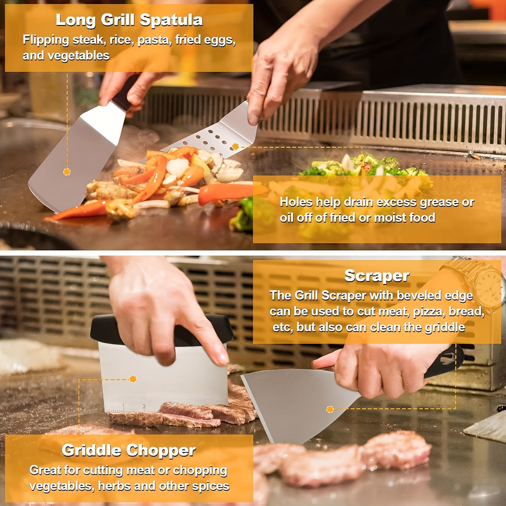 18pcs Griddle Accessory Kit, Flat-top Grill Accessory Set With Burger Smasher, Stainless Steel Spatula Tools, And Grill Cover, Suitable For Outdoor Barbecue Cooking.