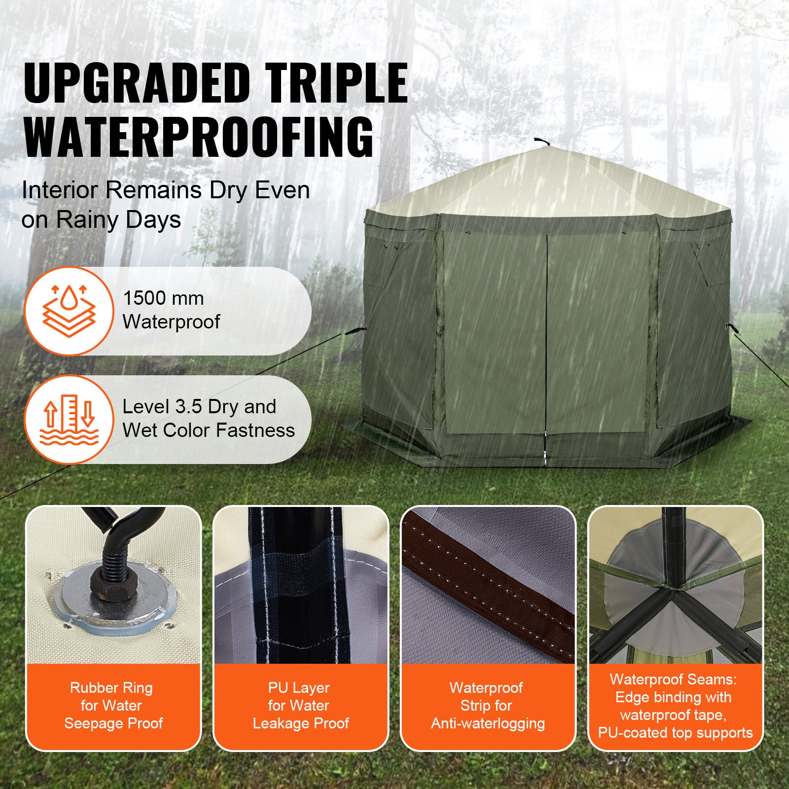 VEVOR Pop Up Gazebo Tent, Pop-Up Screen Tent 6 Sided Canopy Sun Shelter with 6 Removable Privacy Wind Cloths & Mesh Windows, 10x10FT/ 12.5x12.5FT Quick Set Screen Tent with Mosquito Netting, Army Green/Brown
