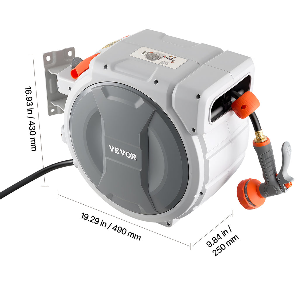VEVOR Retractable Garden Hose Reel, 1/2 in x 100 ft, Wall Mounted Hose Reel with 9-Function Sprayer Nozzle and 180° Swivel Bracket, Any Length Lock, Automatic Slow Rewind System, for Garden Watering