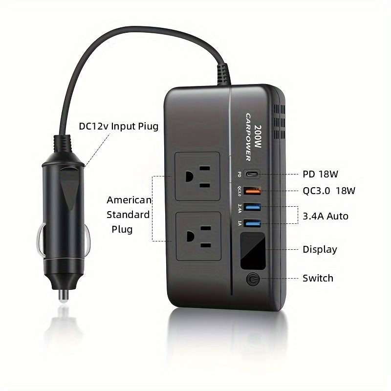 1pc 200W Car Inverter DC 12V to 110V AC Power Inverters for Vehicles with PD 20W USB-C, Dual USB Ports And QC3.0 Fast Charging Ports Car Charger Adapter And with Cigarette Lighter Hole