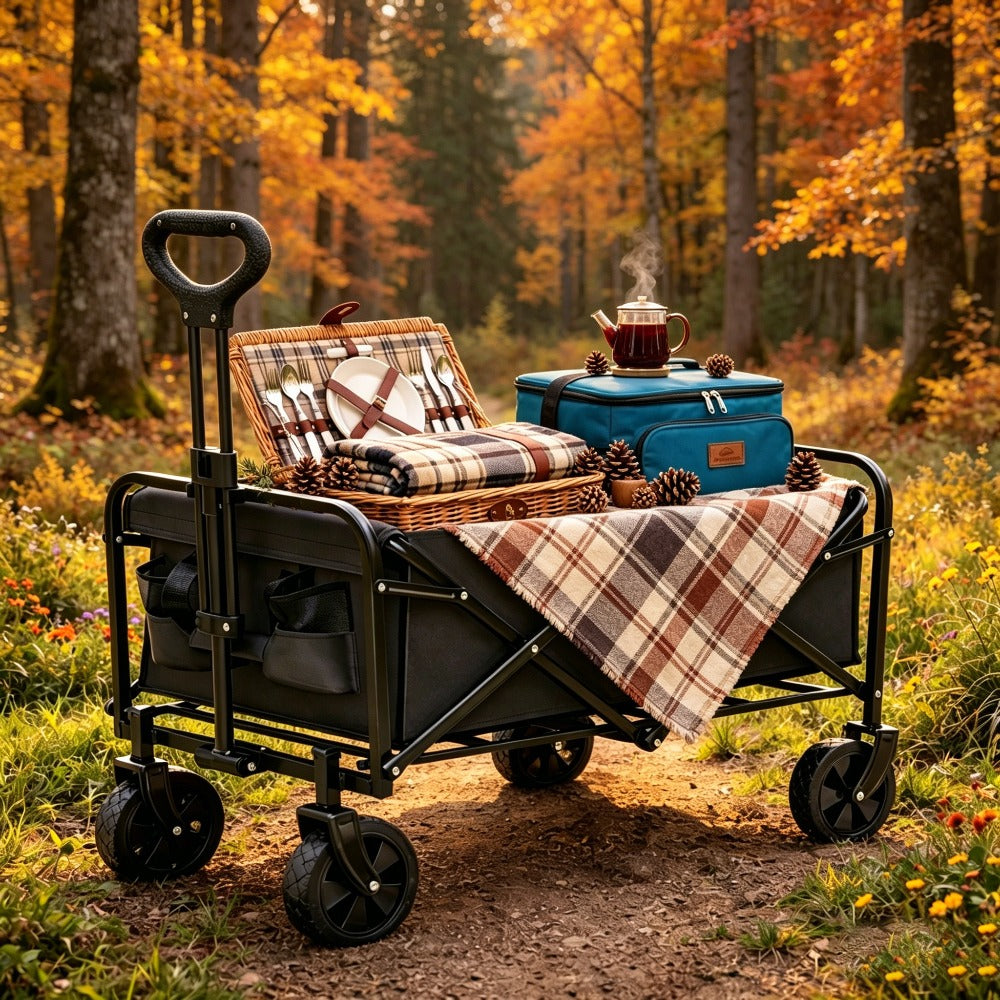 Heavy Duty Foldable Wagon Cart, 650LBS Load Bearing, Stainless Steel Frame, 600D Oxford Fabric, All Terrain Utility Cart with Swivel Wheels And Adjustable Handle, Multipurpose Portable Cart for Camping, Beach, Gardening Cart