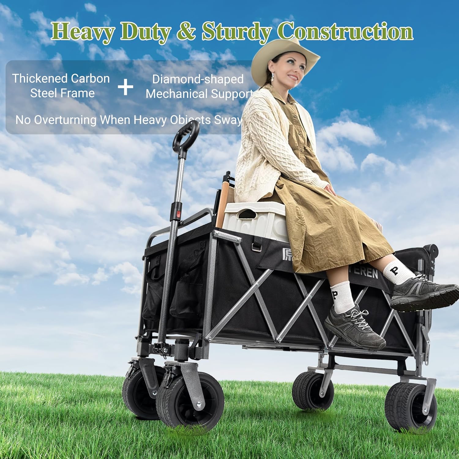 Large Capacity Collapsible Wagon with Opened Tailgate, 500lbs Pulled and Pushed Heavy Duty Folding Wagon Carts, 59" Extra Long Extender Wagons, All-Terrain Big Wheels for Shopping, Sports, Camping