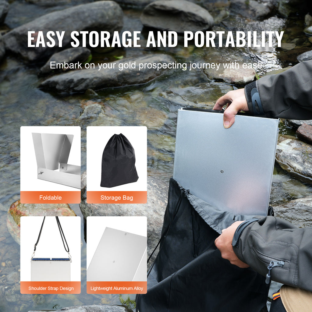VEVOR Folding Sluice Box Gold Panning Kit, 50 Inch 23pc Gold Prospecting Equipment Kit with Gold Pan, Classifier Screen, Separating Magnet, Backpack and More