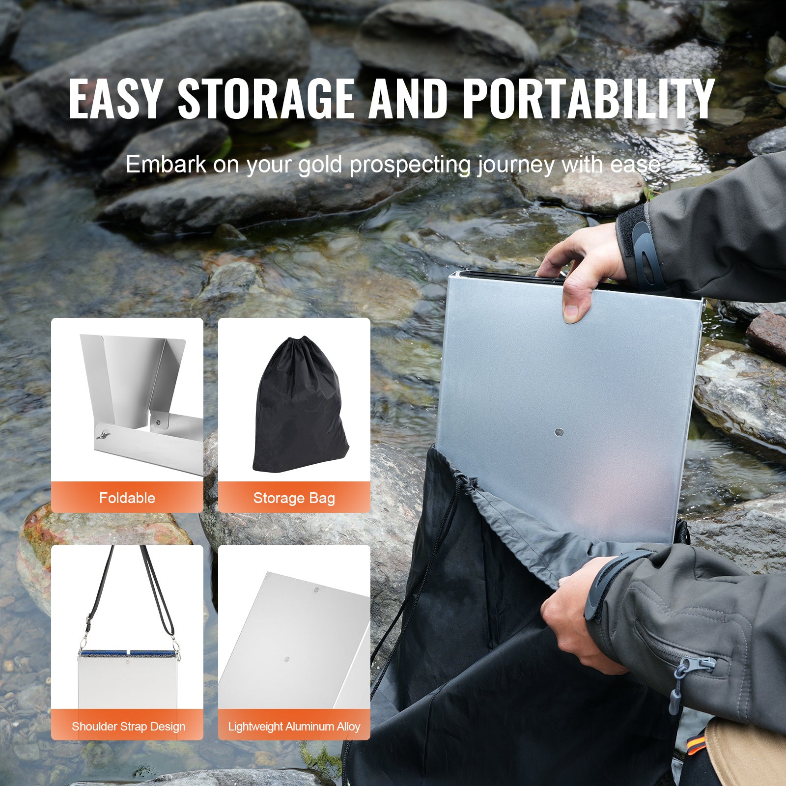 VEVOR Folding Sluice Box Gold Panning Kit, 50 Inch 23pc Gold Prospecting Equipment Kit with Gold Pan, Classifier Screen, Separating Magnet, Backpack and More