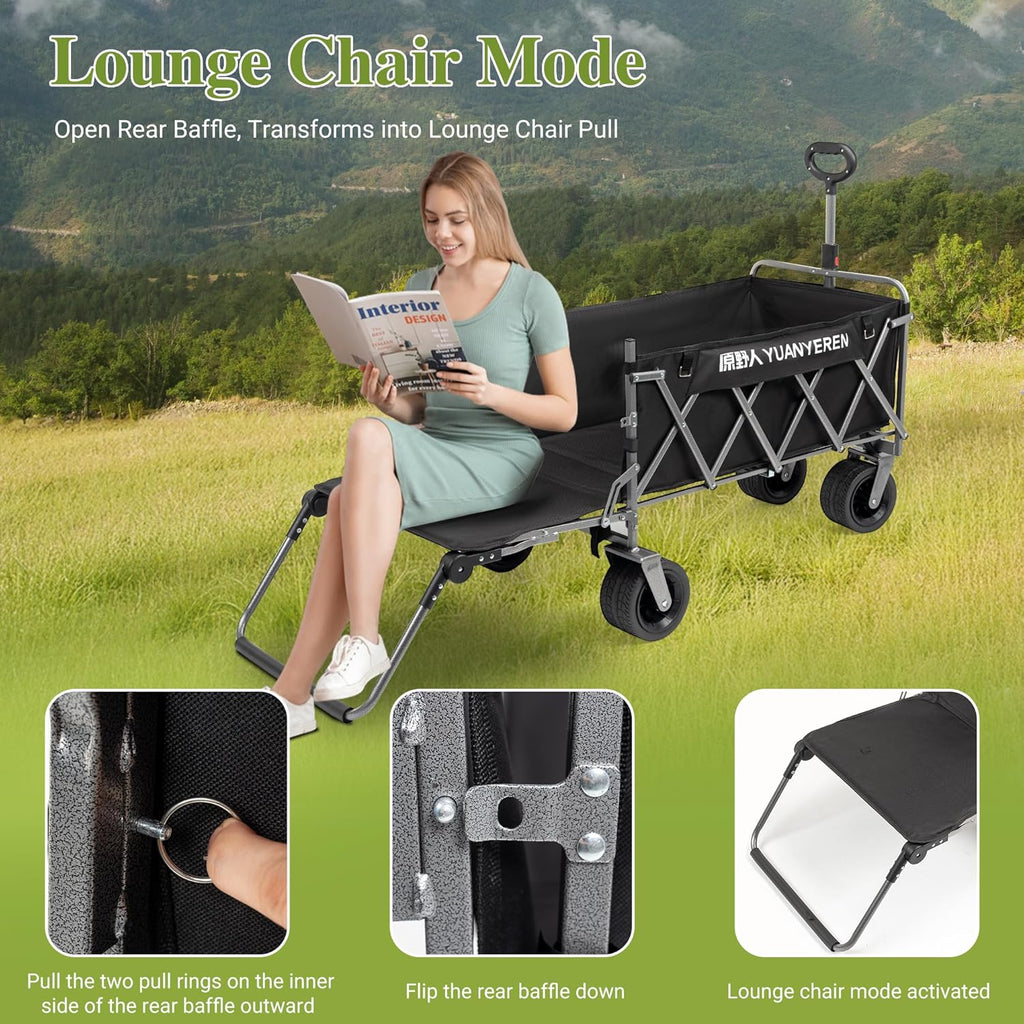 Large Capacity Collapsible Wagon with Opened Tailgate, 500lbs Pulled and Pushed Heavy Duty Folding Wagon Carts, 59" Extra Long Extender Wagons, All-Terrain Big Wheels for Shopping, Sports, Camping