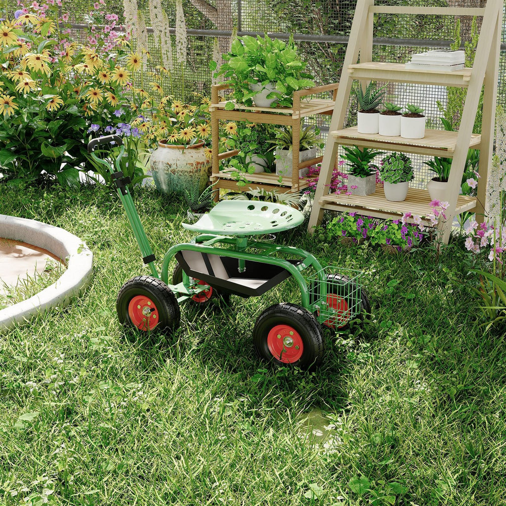 Heavy-Duty Rolling Garden Cart with 360-Degree Swivel Seat on Wheels, Adjustable Steering Handle, And Utility Tool Tray for Planting, Weeding, And Outdoor Gardening Tasks