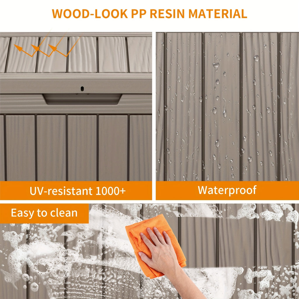 46Gallon Deck Box WOOD GRAIN Outdoor Storage Box, Weatherproof And UV Resistant, Resin Package Delivery And Storage Box With Lockable Lid For Patio Furniture Cushions, Pool Accessories, Perfect Gift For Halloween, Christmas, Thanksgiving, Box