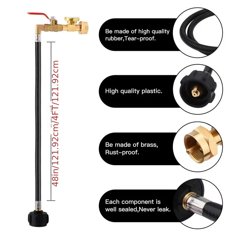 4ft/48'' Propane Refill Adapter Hose with Gauge Propane Tank Refill Adapter Extension Hose for 1LB Propane Gas Tanks with ON/Off Control Valve 1lb Propane Tank Refill Adapter Kit with Safety Shutoff Valve Easily Fill 1lb Bottles from 20lb Tank