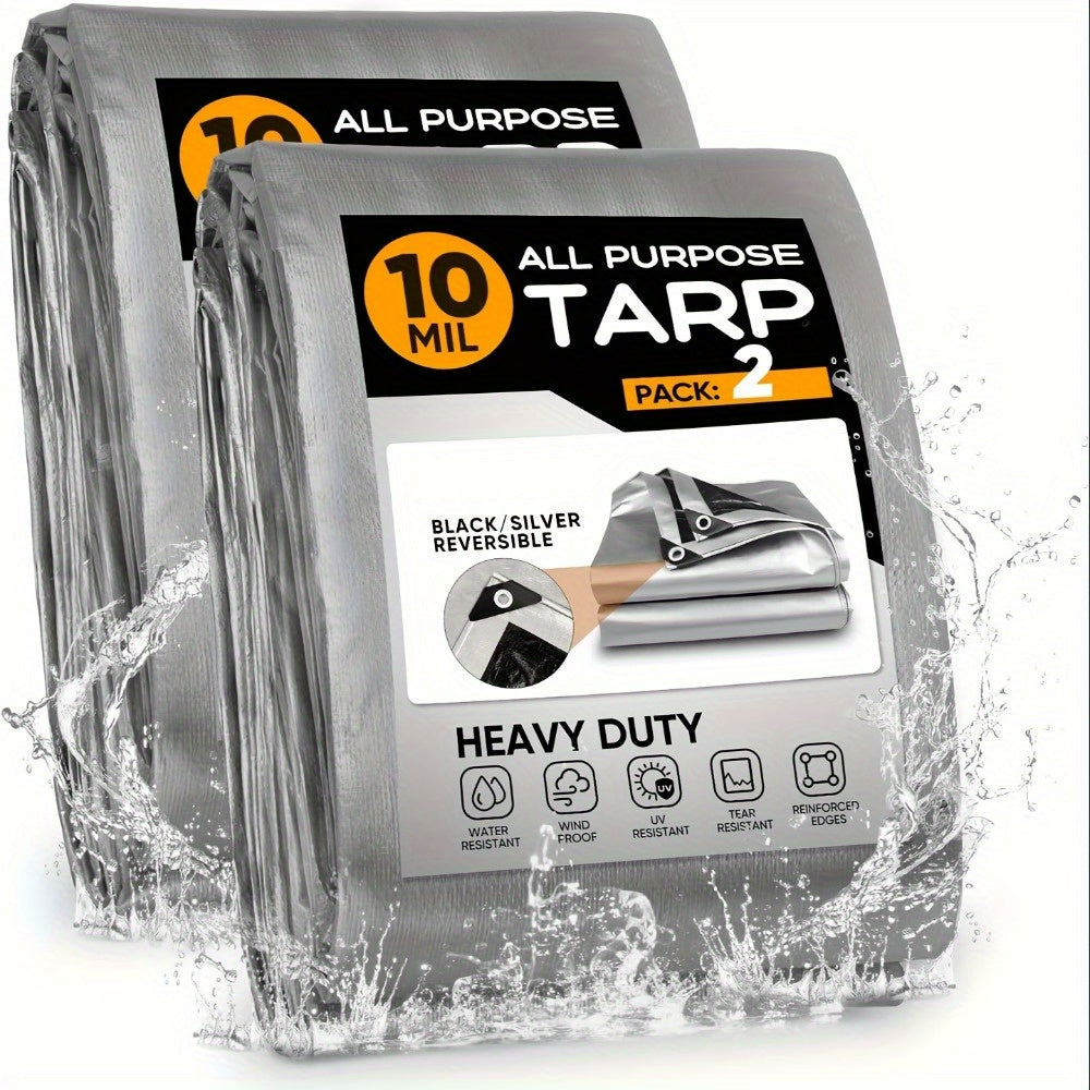 2 Pack Heavy Duty Waterproof Canvas Tarps 8X6Ft 10Mil Thick Black Silver Polyester with Reinforced Edges Rustproof Grommets for Roof Pool Boat Cover