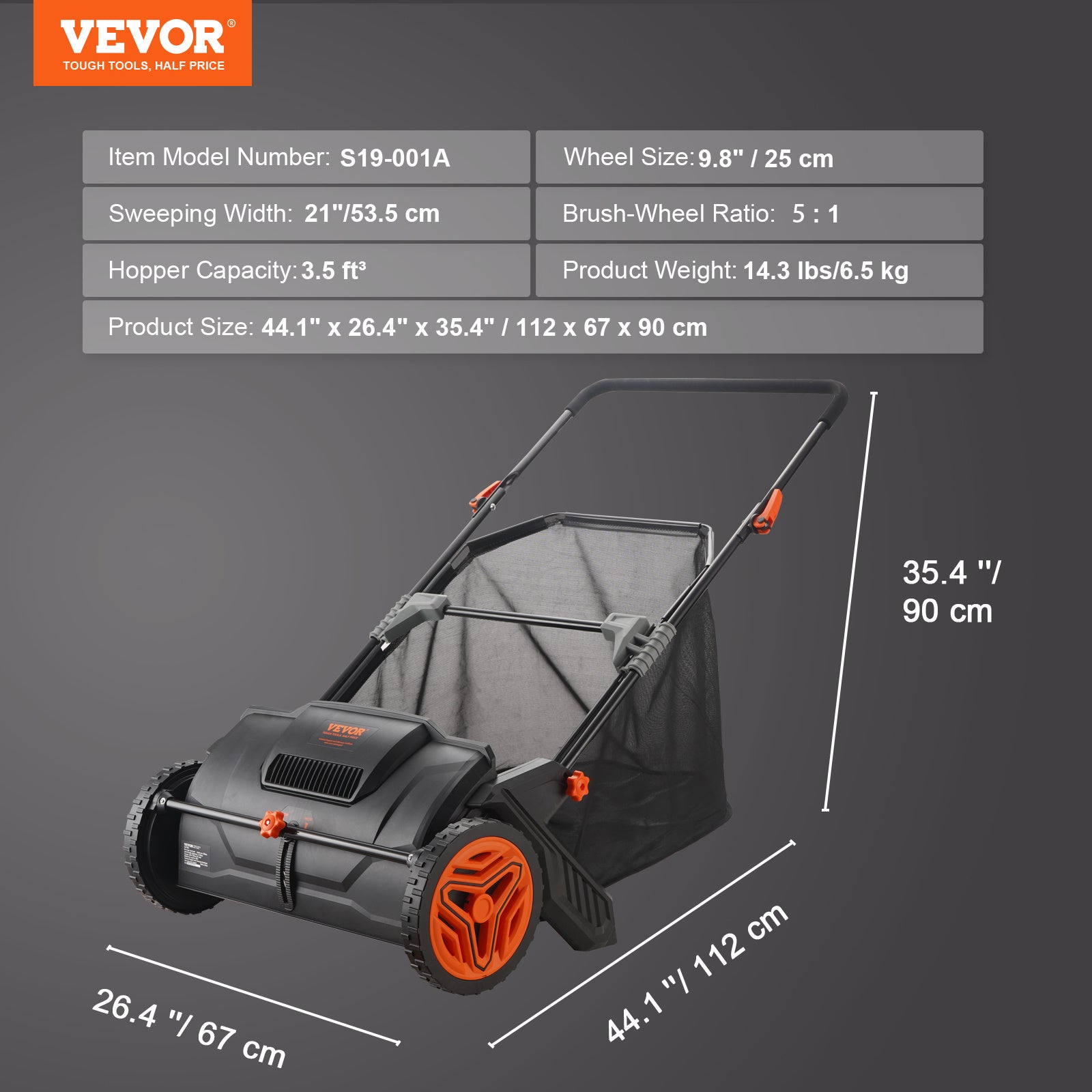 VEVOR Push Lawn Sweeper, 21-inch Leaf & Grass Collector, Strong Rubber Wheels & Heavy Duty Thickened Steel Durable to Use with Large Capacity 3.5 cu. ft. Mesh Collection Bag, 2 Spinning Brushes