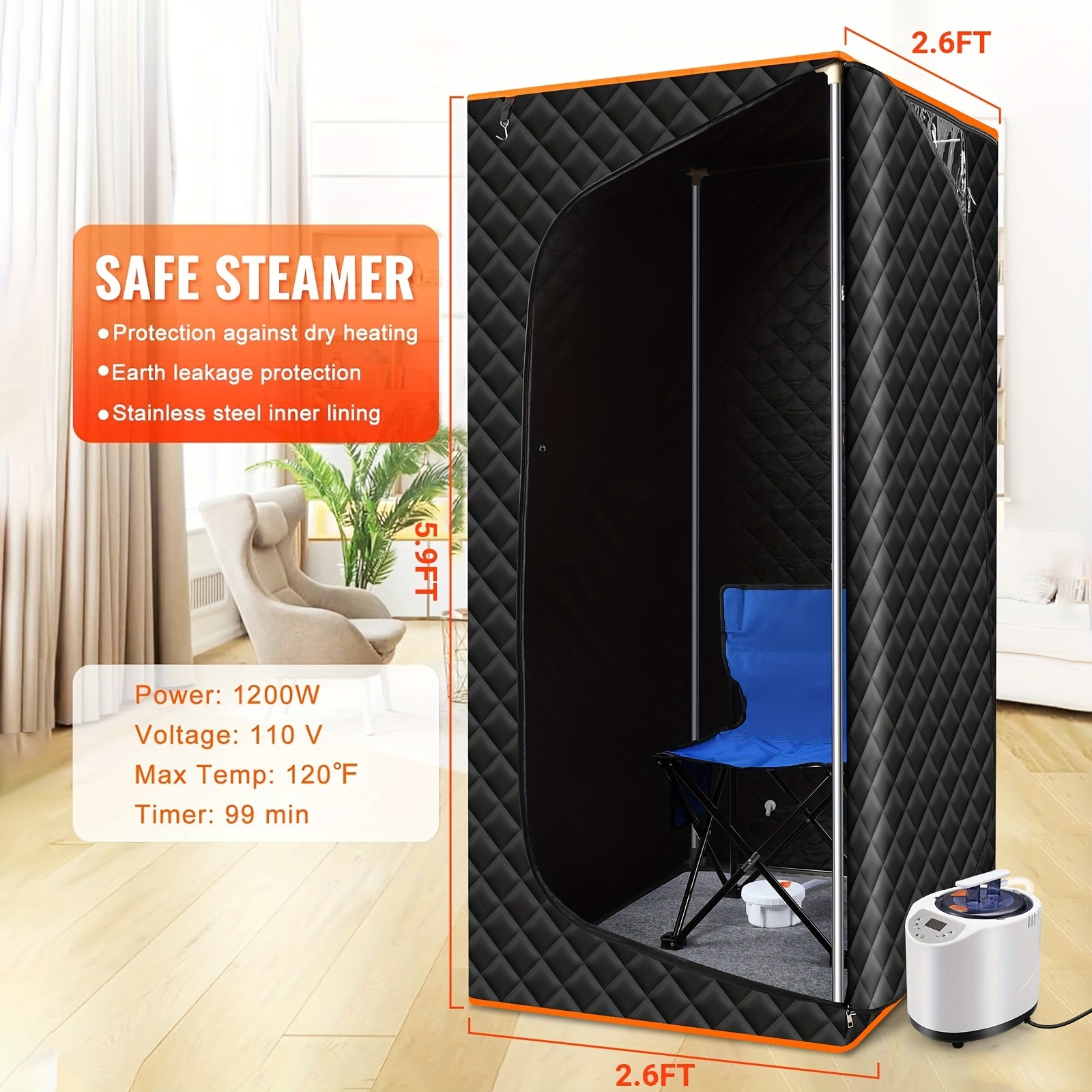 Portable Steam Sauna, Portable Sauna For Home, Sauna Tent Sauna Box With 101.44oz Steamer, Remote Control, Folding Chair, 9 Levels, 2.6' X 2.6' X 5.9'