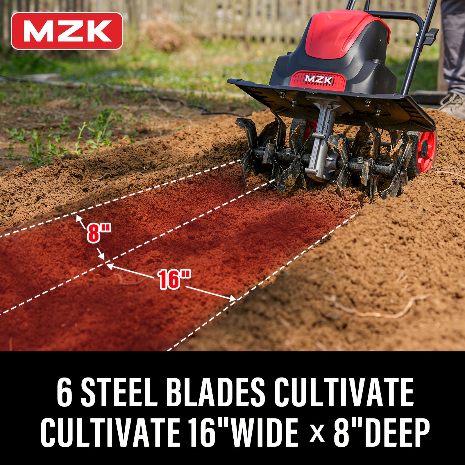 MZK 16-Inch 13-Amp Corded Electric Tiller/Cultivator, 8-inch Tillling Depth with Adjustable Wheels, Foldable Electric Rototiller for Garden Soil Digging