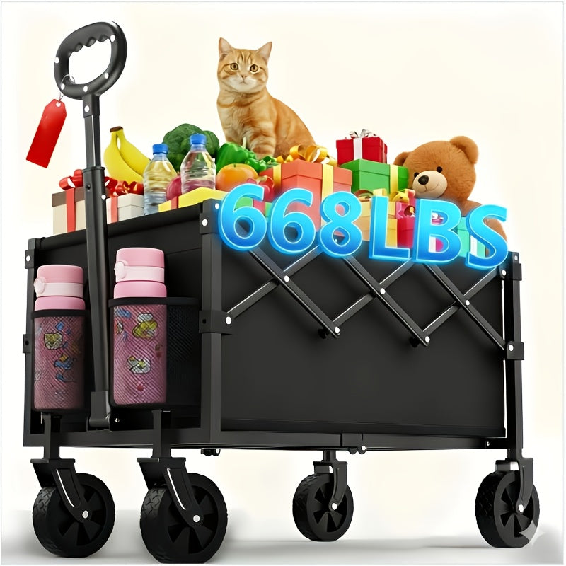 Heavy-Duty Collapsible Handcart with a Stainless Steel Frame And 600D Oxford Fabric, Equipped with All-Terrain Wheels, Ideal for Camping, Gardening, Beach Outings, Shopping, And Transporting Goods. It Features Compact Storage And a Robust Design