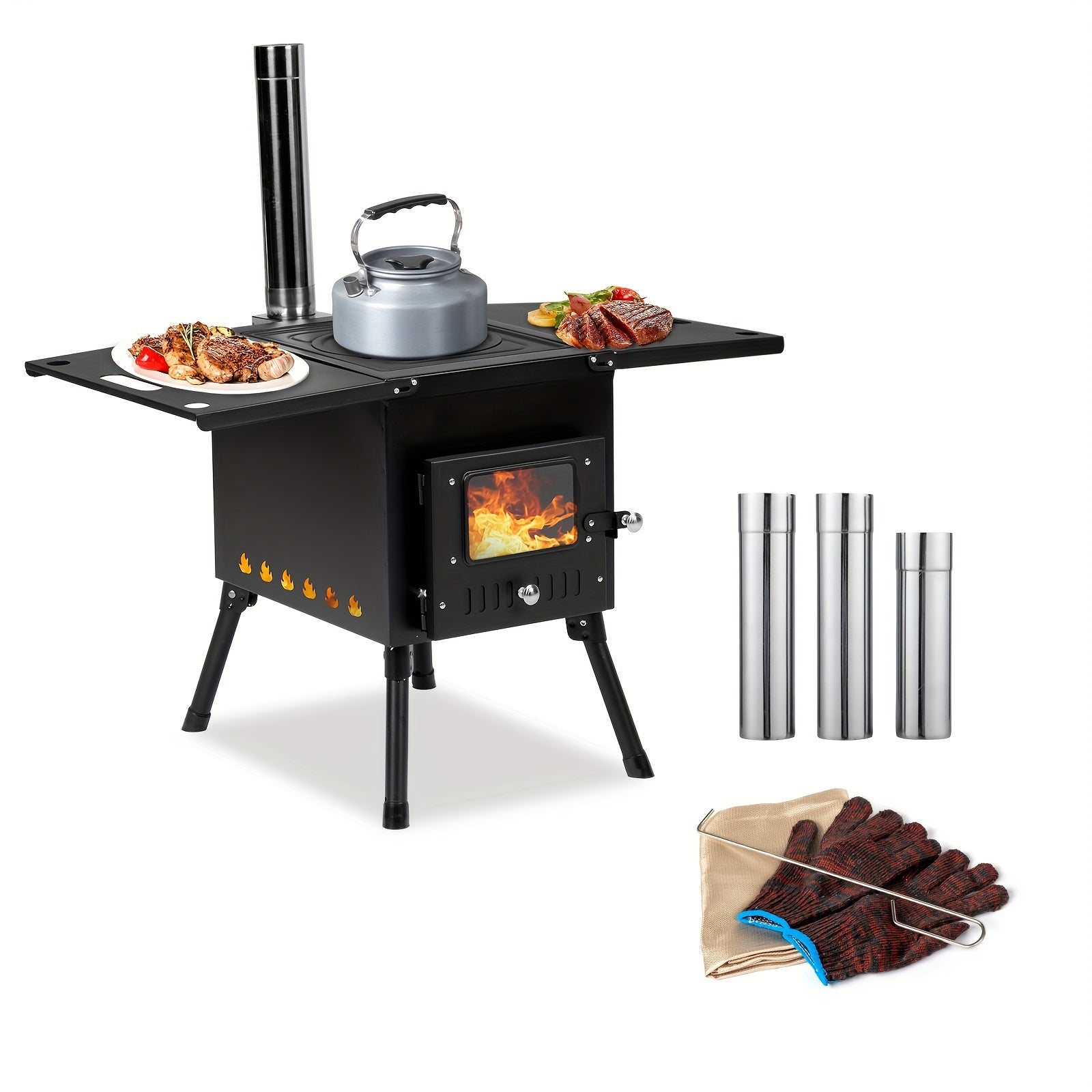 Camping Wood Stove, Outdoor Portable Tent Wood Burning Stove with Stainless Chimney Pipes, Tent Stove Jack & Gloves for Outdoor Camping Cooking And Heating (Black)