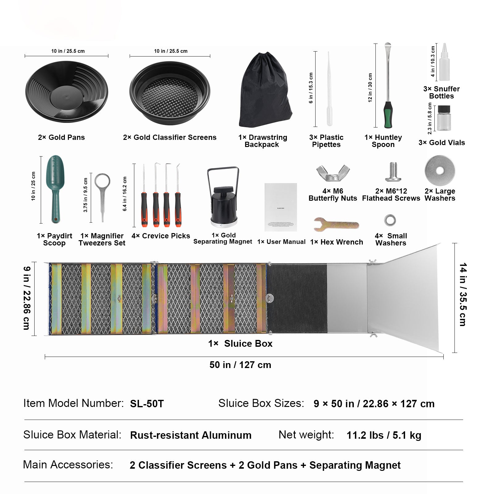 VEVOR Folding Sluice Box Gold Panning Kit, 50 Inch 23pc Gold Prospecting Equipment Kit with Gold Pan, Classifier Screen, Separating Magnet, Backpack and More