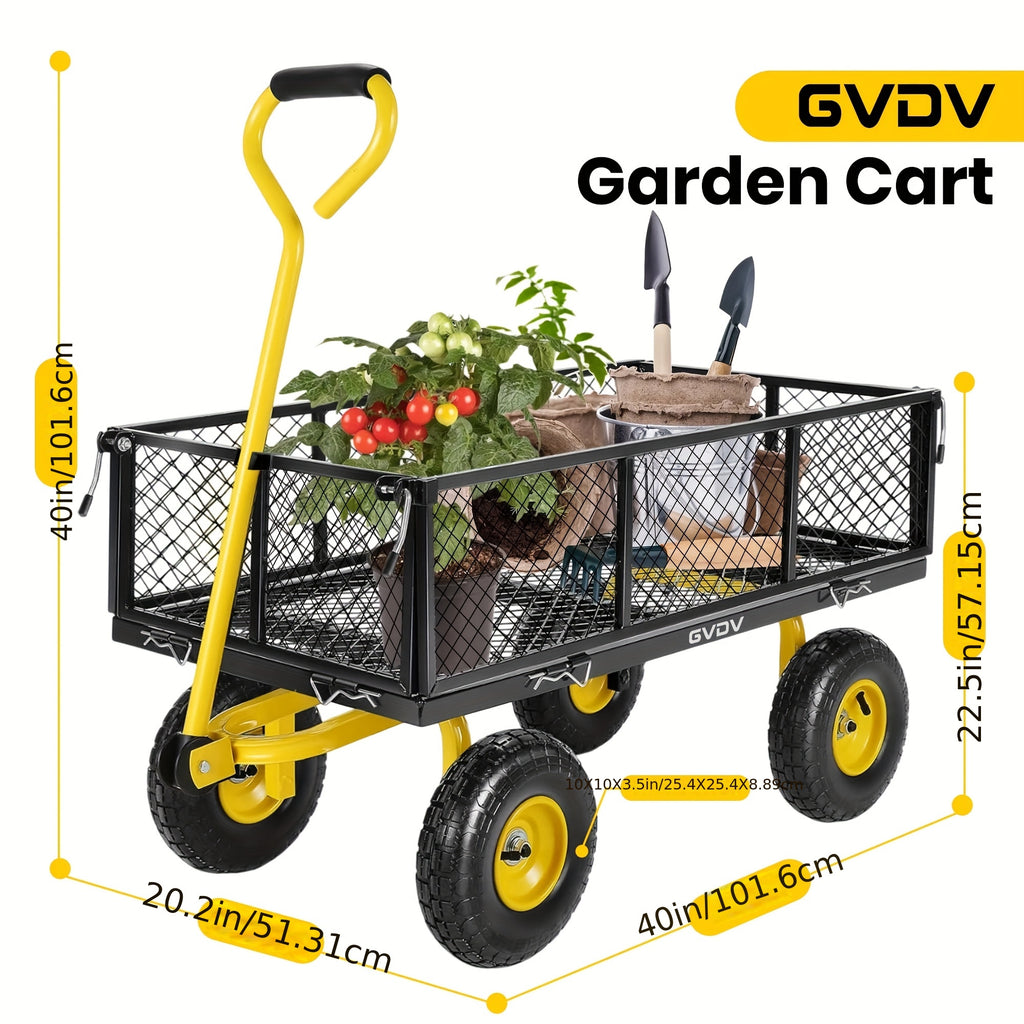[800LBS Heavy Duty Garden Cart] GVDV Garden Cart with With Wheels, Removable Mesh Sides & 180° Rotating Handle - Dump Wagon for Yard/Garden/Beach, 10" All-Terrain Wheels,