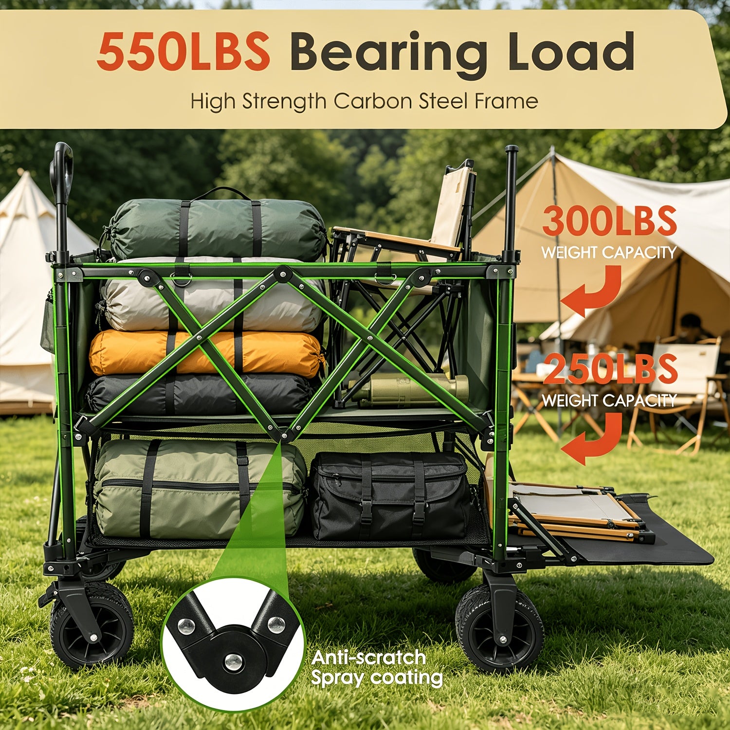 XXL Foldable Double Deck Wagon Cart, 54in Extended Size Collapsible Utility Cart with Tailgate, 8in All-Terrain Large Wheels, Heavy Load Capacity for Camping Beach Sports Grocery