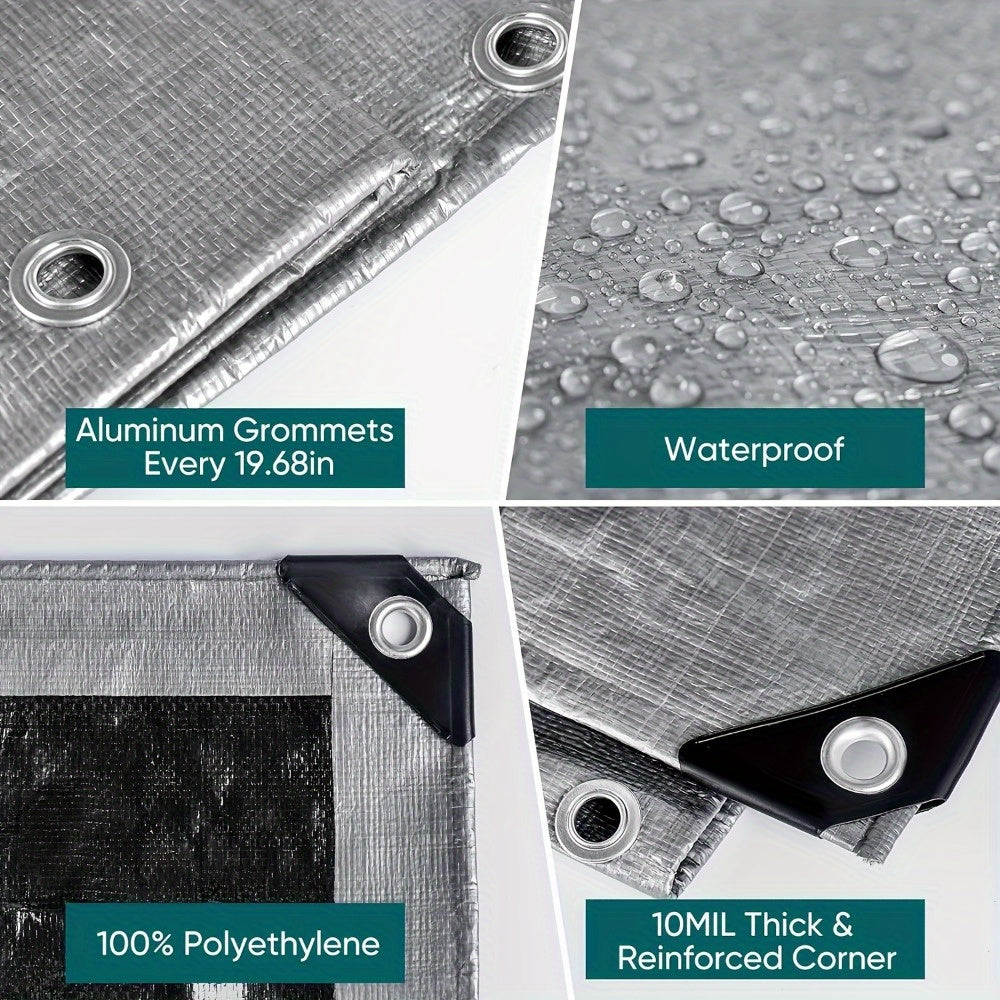 2 Pack Heavy Duty Waterproof Canvas Tarps 8X6Ft 10Mil Thick Black Silver Polyester with Reinforced Edges Rustproof Grommets for Roof Pool Boat Cover