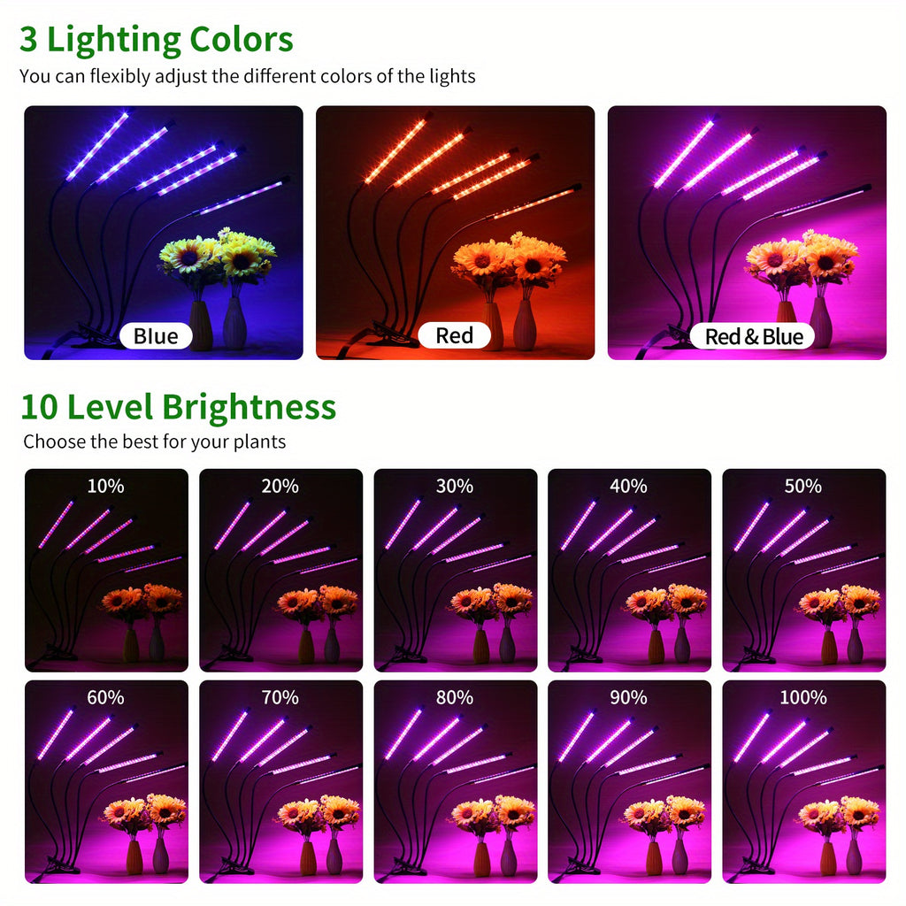 LED Lamp for Enhancing Plant Growth, Suitable for Indoor And Greenhouse Use, Featuring a Timer with Options for 3, 9, Or 12 Hours, Adjustable Brightness, a Swivel Tube, And Available in Various Designs
