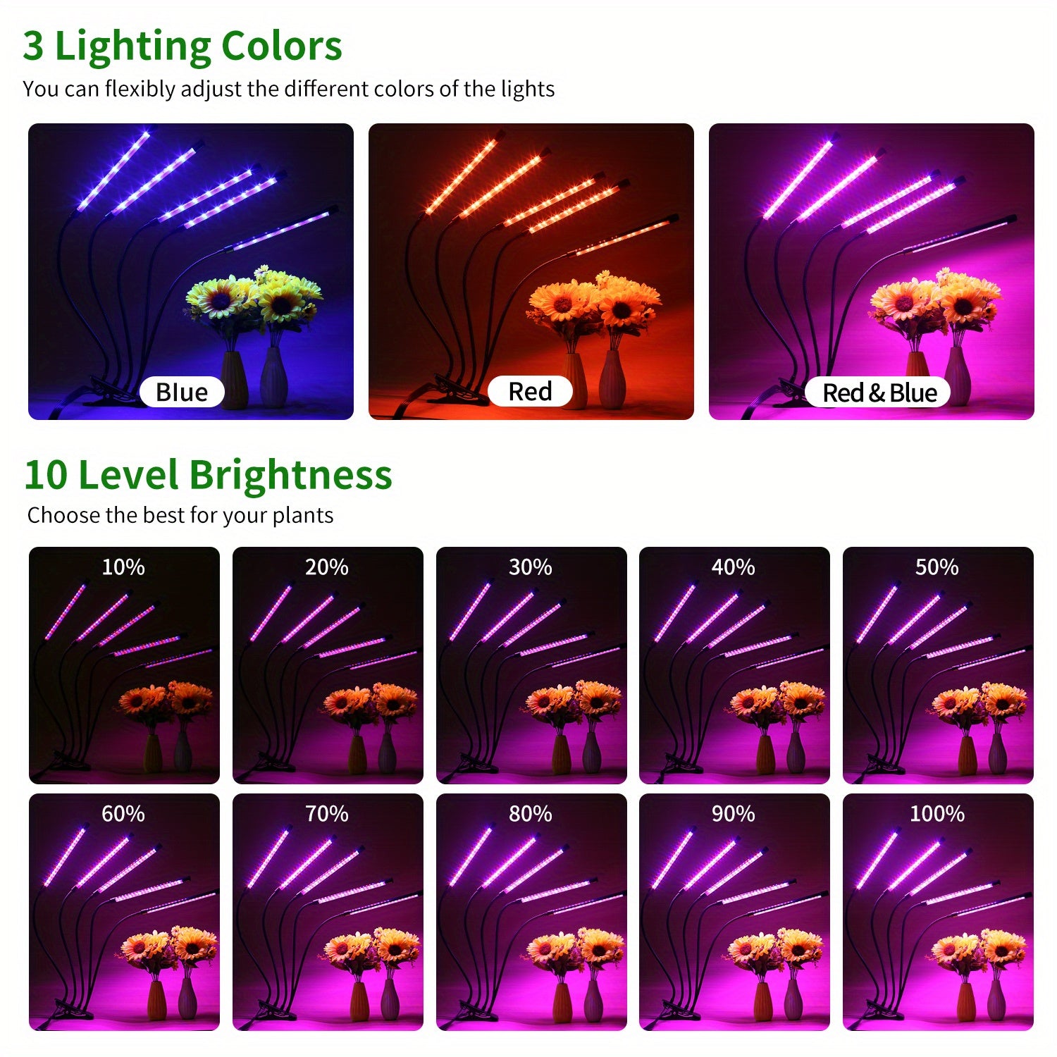 LED Lamp for Enhancing Plant Growth, Suitable for Indoor And Greenhouse Use, Featuring a Timer with Options for 3, 9, Or 12 Hours, Adjustable Brightness, a Swivel Tube, And Available in Various Designs
