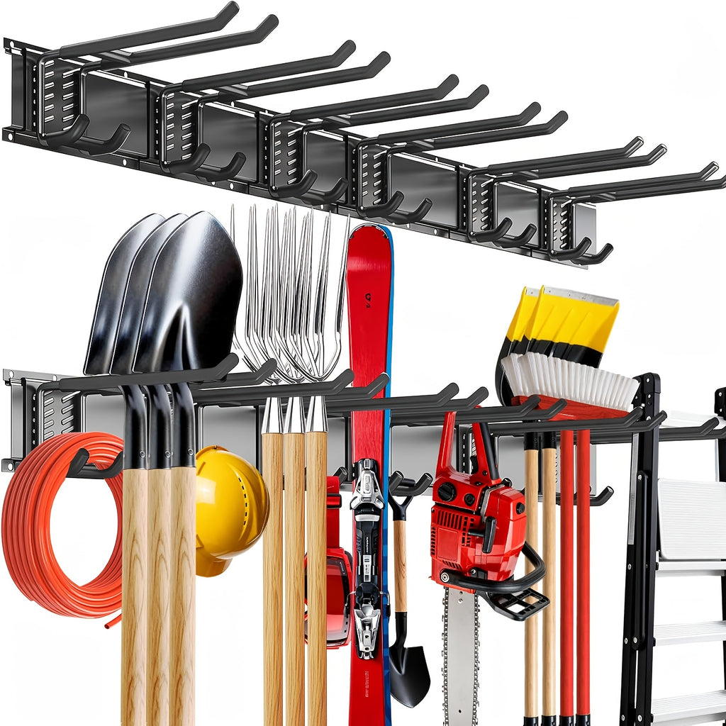 Wall-Mounted Organizer for Garage Tools, a System for Holding Garden Tools with 4 Rails Measuring 64 Inches And 10 Heavy-Duty Adjustable Hooks for Hanging And Storage, Capable of Supporting Up to 500 Pounds