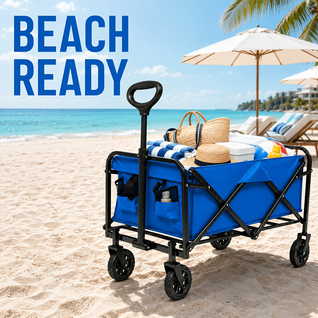 Heavy-Duty Extra Long Collapsible Wagon Cart - 480 Lbs Capacity Foldable Utility Cart with 360° Swivel Wheels, -Terrain Suitable for for Outdoor, Beach, Camping, Garden, Grocery Hauling, Cargo Cart ( 600D Oxford Fabric)