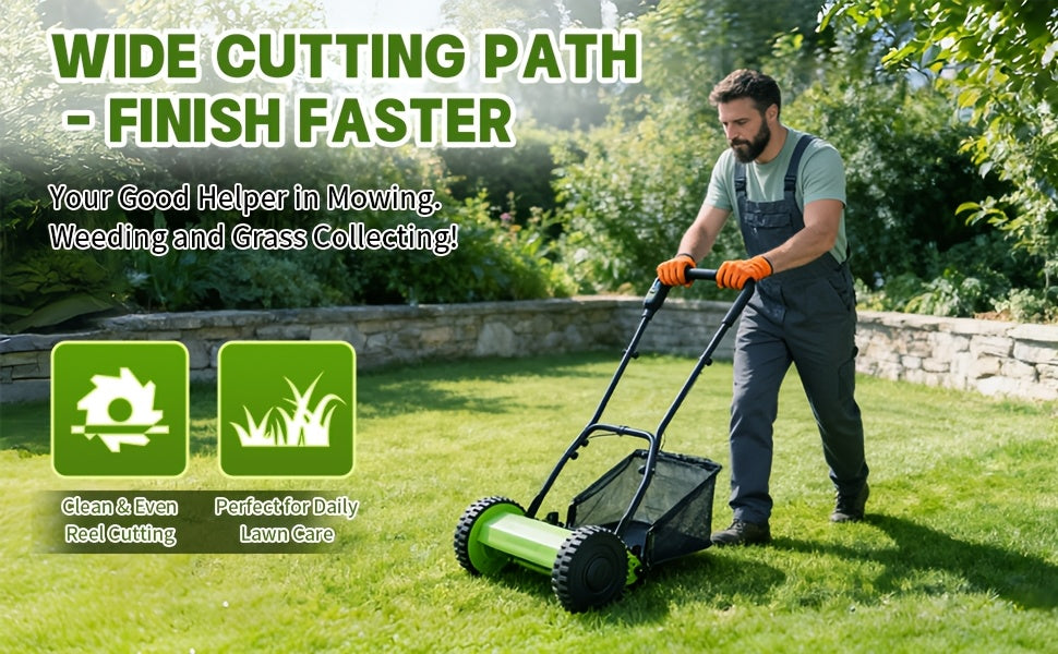 Durable Steel Construction, Precision-cut for Perfect Stripes, 12-inch 5-blade Manual Reel Push Mower, High-strength Steel Blades, Grass Catcher, Ergonomic U-shaped Handle, Dual-wheel Design. No Electricity Required, Suitable for Residential