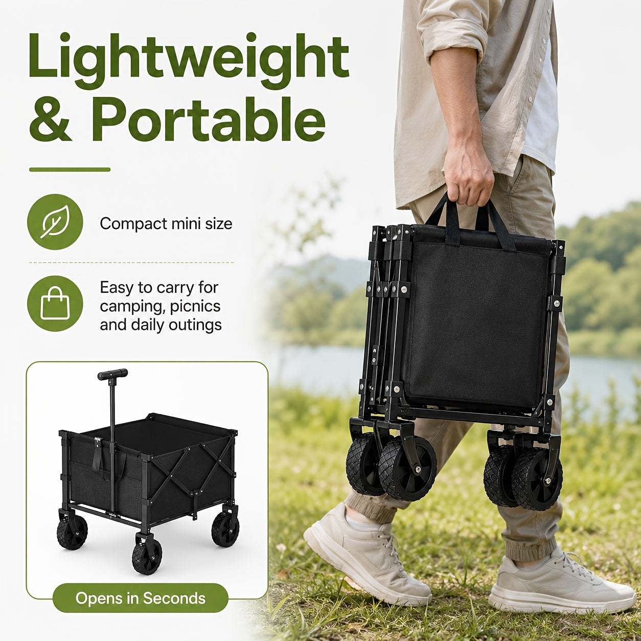 Heavy Duty Folding Wagon 340lbs Capacity, All-Terrain Collapsible Utility Cart for Beach Camping Garden Shopping, No Assembly Stainless Steel Frame Portable Grocery Wagon with Tool Holder, Black
