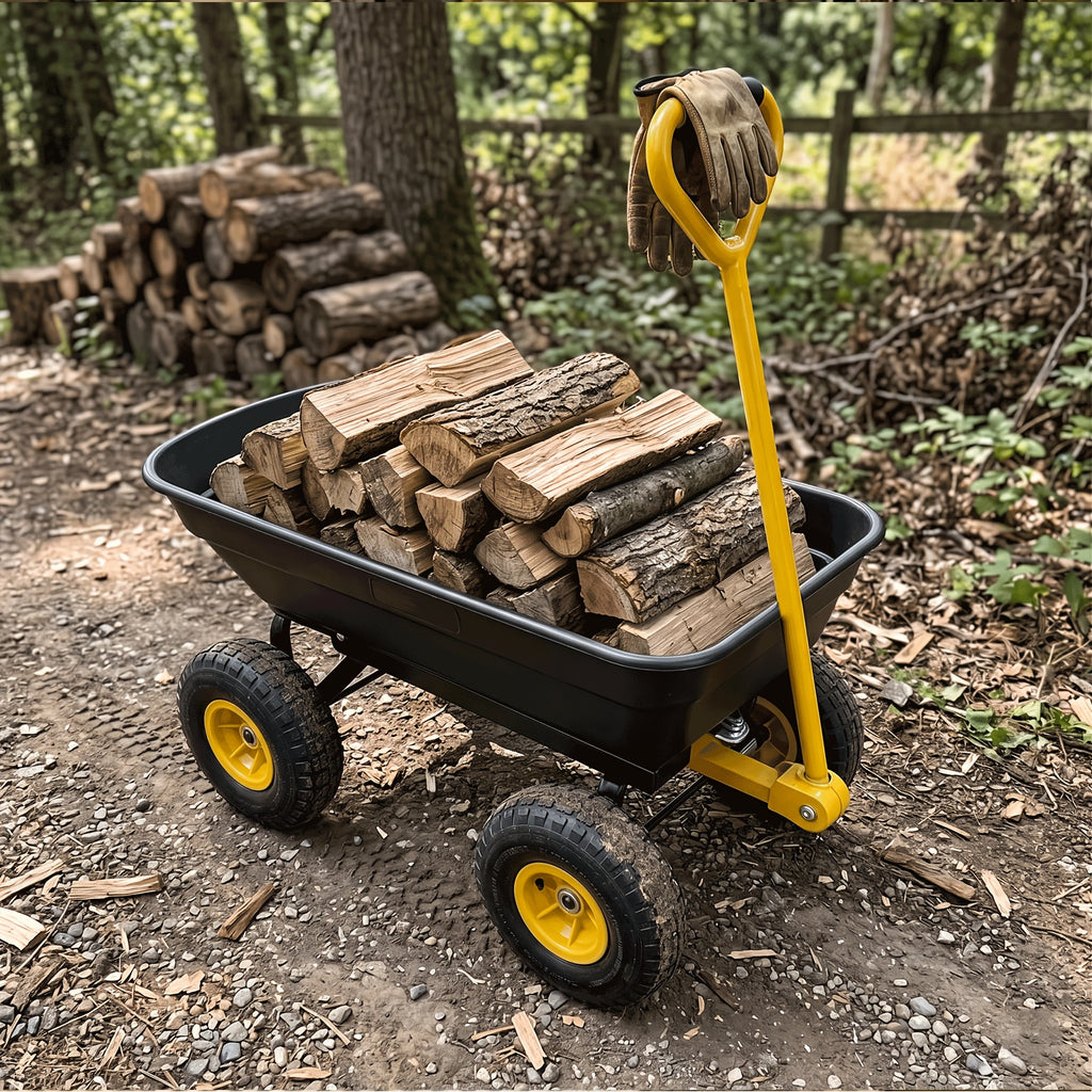 Multi Functional Heavy-duty Four-wheel Garden Handcart, Heavy-duty Steel Frame Structure, Plastic Body, All Terrain Outdoor Yard Handling Vehicle With D-shaped Handle Steering, Suitable For Outdoor Gardening, Lawn, Farm, And Building Handling