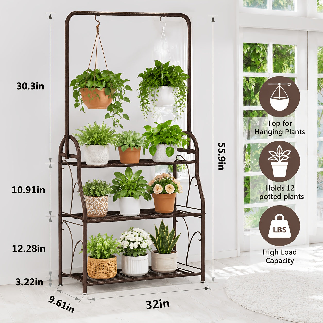 Plant Stand Indoor Outdoor Metal 3-Tiered Hanging Plant Shelf for Multiple Flower Planter Holders Tall Large Rack for Living Room Garden Balcony Dark