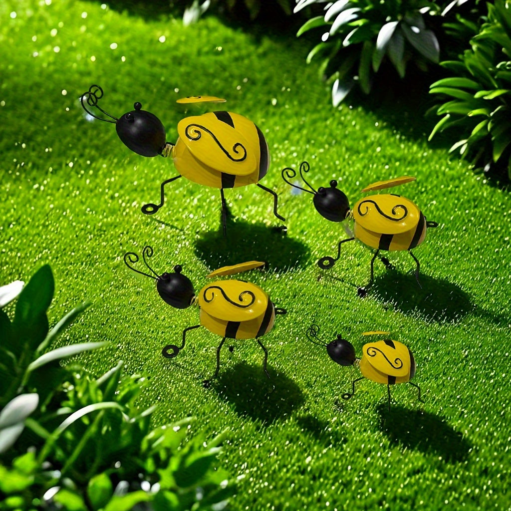 4pcs Cute Metal Bee Outdoor Decoration - Semi 3D Bee Outdoor Wall Hanging Art - Family Bee Decoration Garden, Courtyard, Fence, Terrace