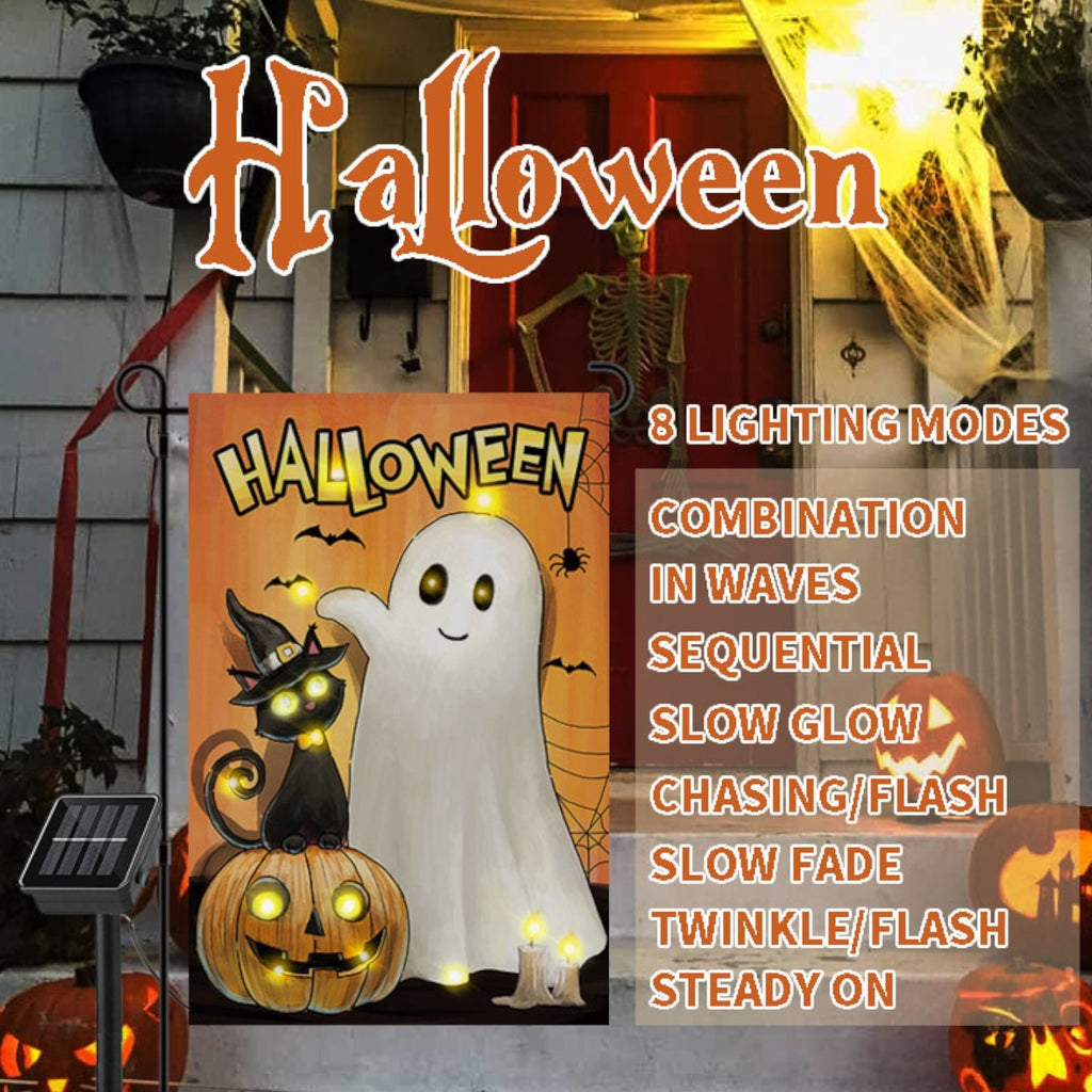 Garden Flag Stand Holder Pole with 2 Prong Base for Outside garden Flag, More Stable Yard Flag Stand for Small Waterproof Garden Flags 12 x 18（Flagpole and flag sold separately） Garden Flag for Halloween Ghost Pumpkin Black Cat Garden Flag with Solar LED