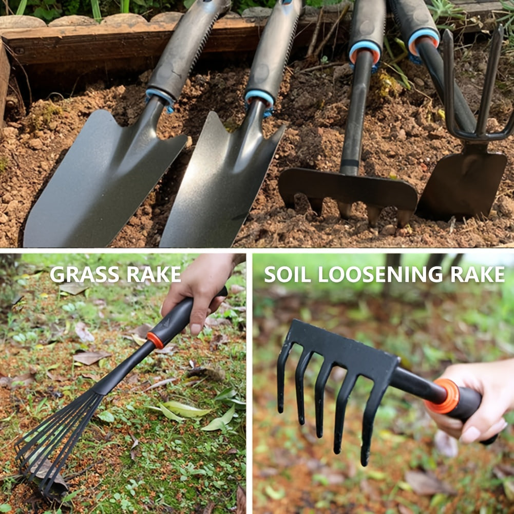 5pcs Gardening Tool Set with Anti-Slip Rubber Handle | Heavy-duty, Sturdy and Durable, Classic and Practical, Includes 2 Shovels, Rakes, Plowing and Transplanting Tools, Rust Proof Iron Tools, Rubber Grip