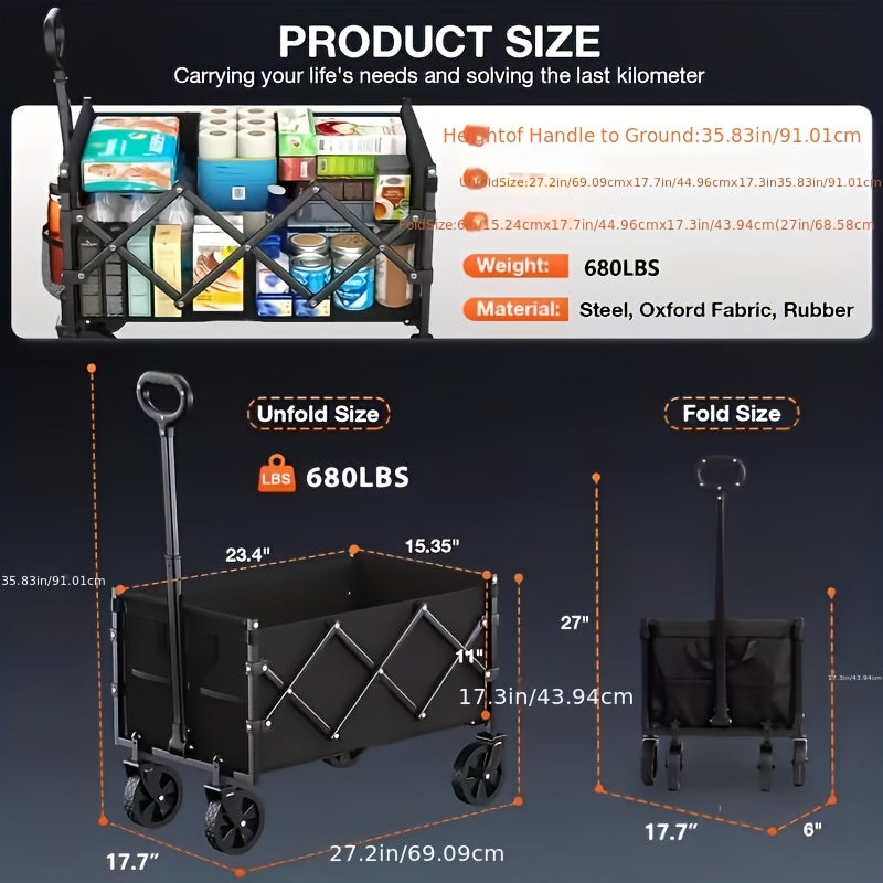 Large-capacity Heavy-duty All-terrain Folding Cart - Stainless Steel Frame And 600D Oxford Fabric, Foldable Multifunctional Wagon, Suitable for Camping, Gardening, Beach, Shopping No Assembly Required, Black, Garden Tool Holder, Sturdy Handle Design