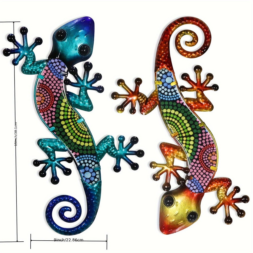 15 Inch Metal Gecko Wall Art - 2pcs Lizard Outdoor Decor Hanging Glass Sculpture Decoration for Garden Fence Home