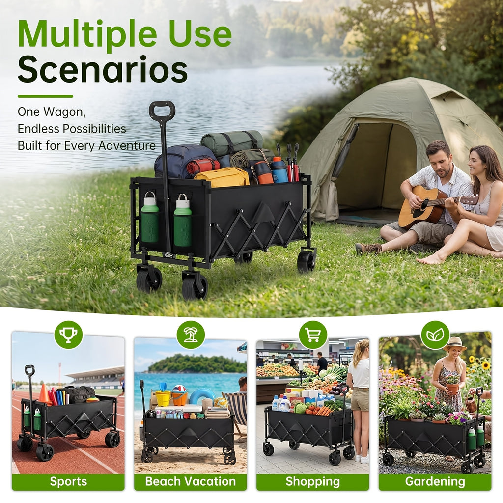 220LBS/ 450LBS/ 600LBS All Terrain Heavy Duty Folding Cart, Large Capacity Camper Suitable for Yard Shopping/ Sports/ Outdoor/ Gardening Equipment Handling, Black Multifunctional Utility Cart