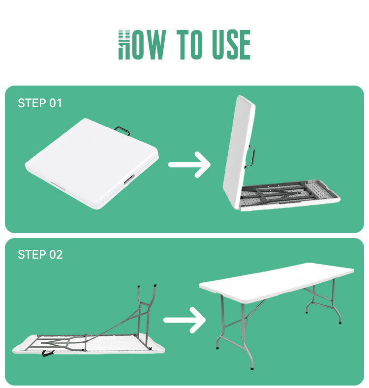 【 4FT/5FT/6FT 】 Folding table with handle and safety lock, easy to set up, with a weight carrying capacity of 330 pounds, suitable for camping, picnicking, parties, and indoor activities, white
