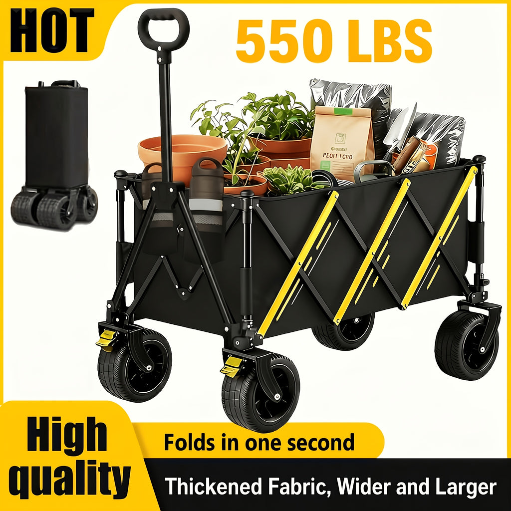 Collapsible Folding Wagon Cart, Large Capacity Camping Wagon, All Terrain Foldable Wagon with Wheels, 2 Cup Holders | Heavy Duty Utility Wagon Cart for Grocery Outdoor Beach Gardening Shopping Fishing Sports Pets Outing, 550 LBS, Black