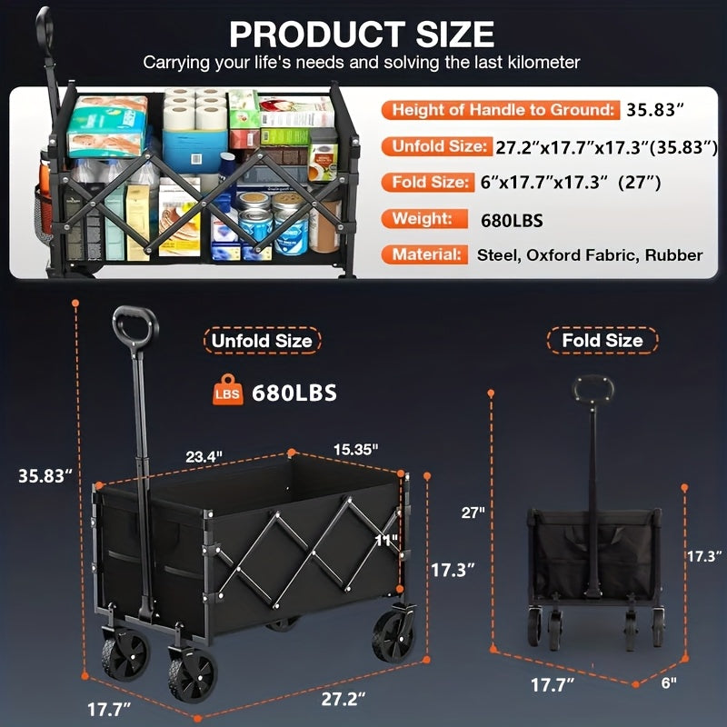 220/450/680 Pounds Heavy-Duty All-Terrain Multi-Functional Foldable Cart, Stainless Steel Frame, Suitable for Camping, Gardening, Beach Activities, Shopping, Carrying Garden Tools, Transport Cart, Perfect for Holiday Gatherings And Parties