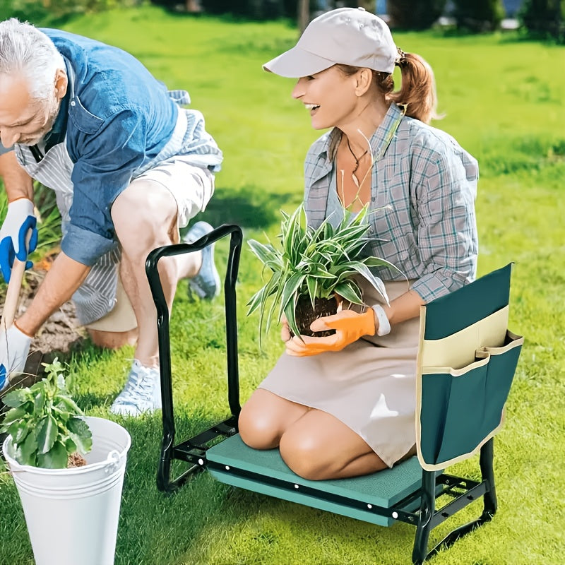 2-In-1 Green Metal Gardening Kneeling Stool Seat Set - Heavy Duty Gardening Kneeling And Sitting Dual Purpose Stool, Foldable Garden Bench with Tool Bag, Thick Knee Pads And Stable Armrests to Relieve Knee Pain, Ideal Gift for Gardeners