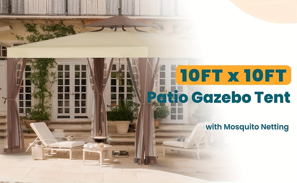 Patio Gazebo Tent Outdoor Canopy Shelter 10'x10' with Mosquito Netting with 100 Square Feet of Shade for Garden, Backyard Deck and Lawns, Party Canopy Gazebo Tent