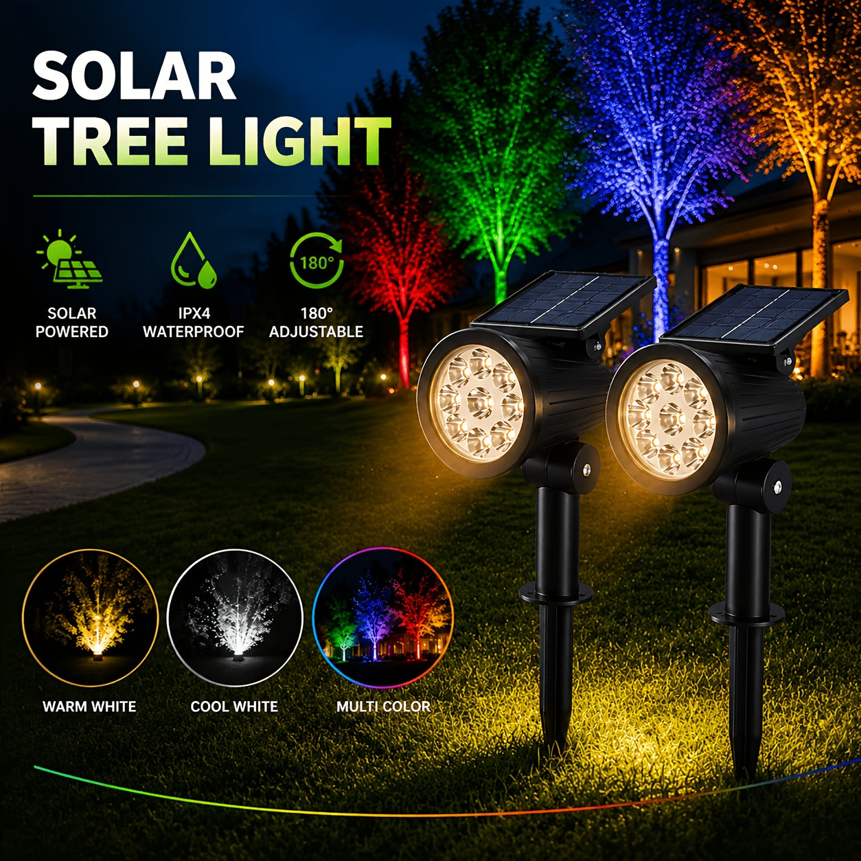 Energy Saving Solar 9LED Landscape Spotlight Set - Multifunctional Garden Mood Light with Adjustable Stake, Crystal Decoration, Suitable for Outdoor Decorations, Perfect for Courtyards, Balconies, Lawns, Walkways, Villas, Playgrounds and Halloween