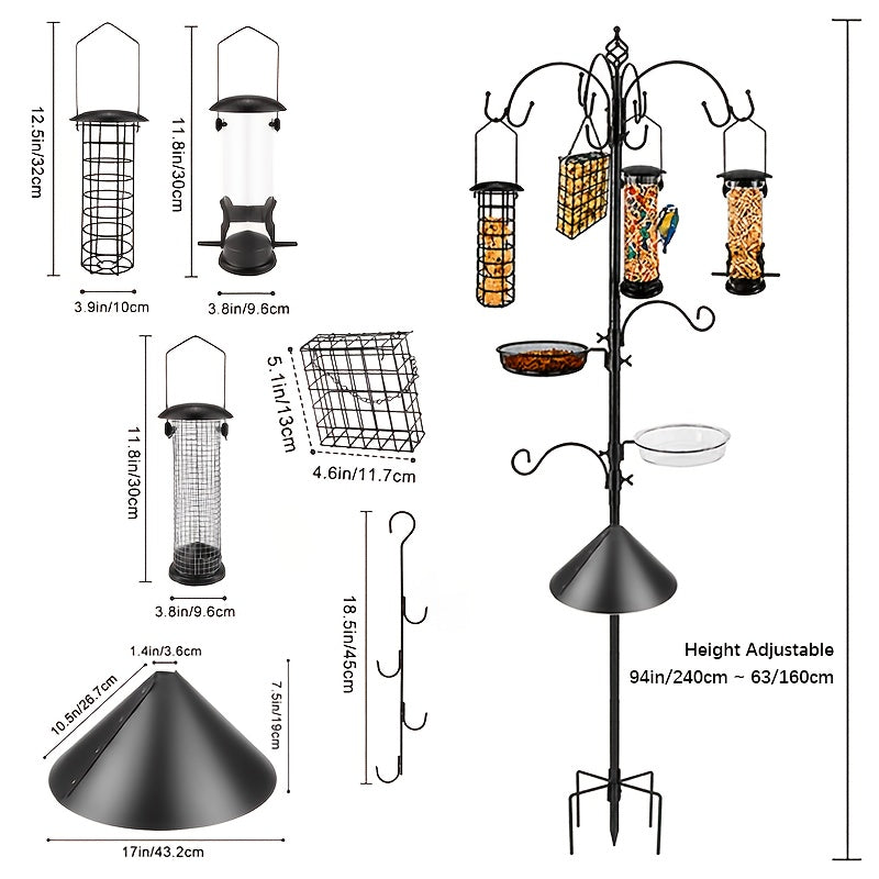 SNYNUXX Squirrel-proof Bird Feeder, 94-inch Adjustable Heavy-Duty Feeder Rod, Outdoor Wild Bird Feeder Set, Includes Shepherd Hooks, Squirrel Baffle, Metal Tray, Bird Feeder Cage, And Bird Bath Dish. Suitable for Gardens, Gift for Family
