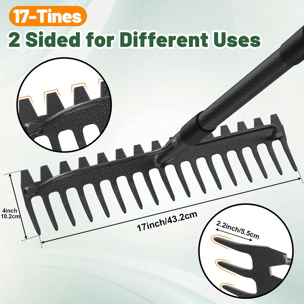 Heavy Duty Adjustable 49/63/77 Inch Garden Rake - 17-Tine Rustproof Metal Leaf Rake for Loosening Soil, Gathering Mulch, Leveling Rocks & Thatch - 17" Wide Yard Tool for Grass Care & Outdoor Maintenance
