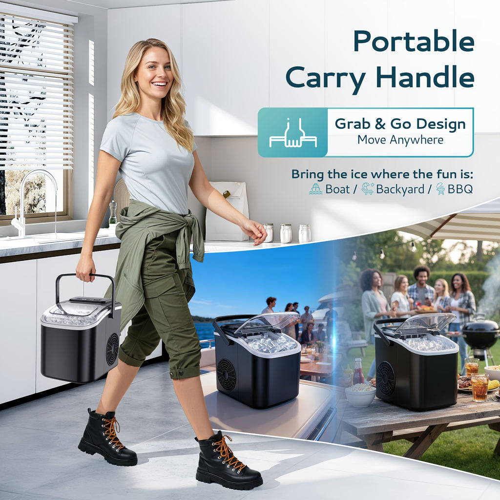 Portable Bullet Ice Maker Machine for Countertop - 9 Cubes In 6 Mins, 26/29lbs Per Day, Self-Cleaning Ice Machine with Ice Scoop & Basket, Compact for Backyard BBQ, Camping, Outdoor Party, Kitchen.