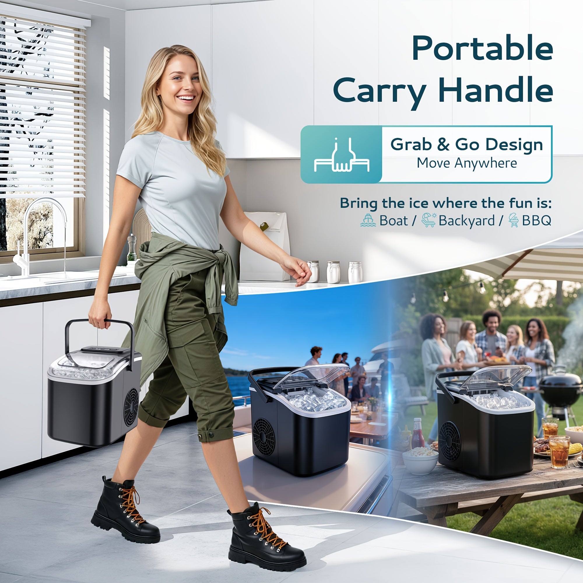 Portable Bullet Ice Maker Machine for Countertop - 9 Cubes In 6 Mins, 26/29lbs Per Day, Self-Cleaning Ice Machine with Ice Scoop & Basket, Compact for Backyard BBQ, Camping, Outdoor Party, Kitchen.