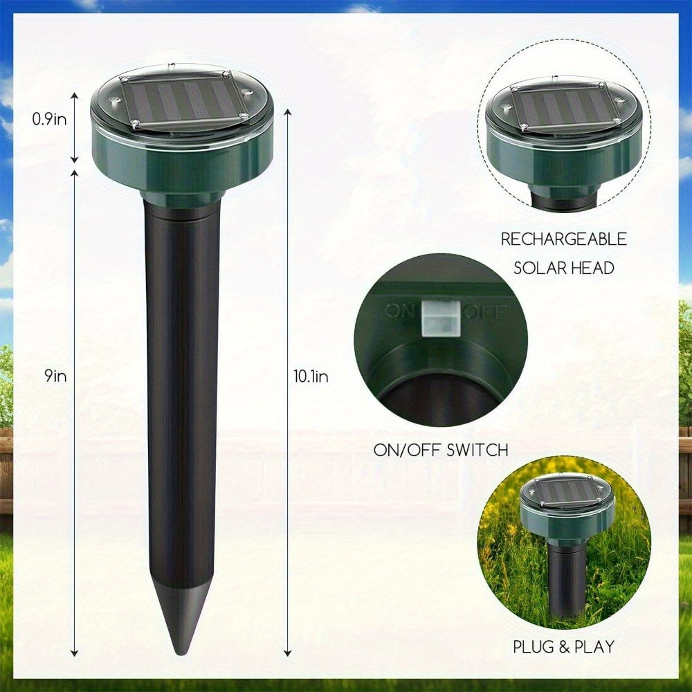4 Pack Mole Repellent Solar Powered Gopher Repellent Ultrasonic Solar Powered Sonic Mole Deterrent Stakes Snake Groundhog Repellent for Yard Garden Lawn