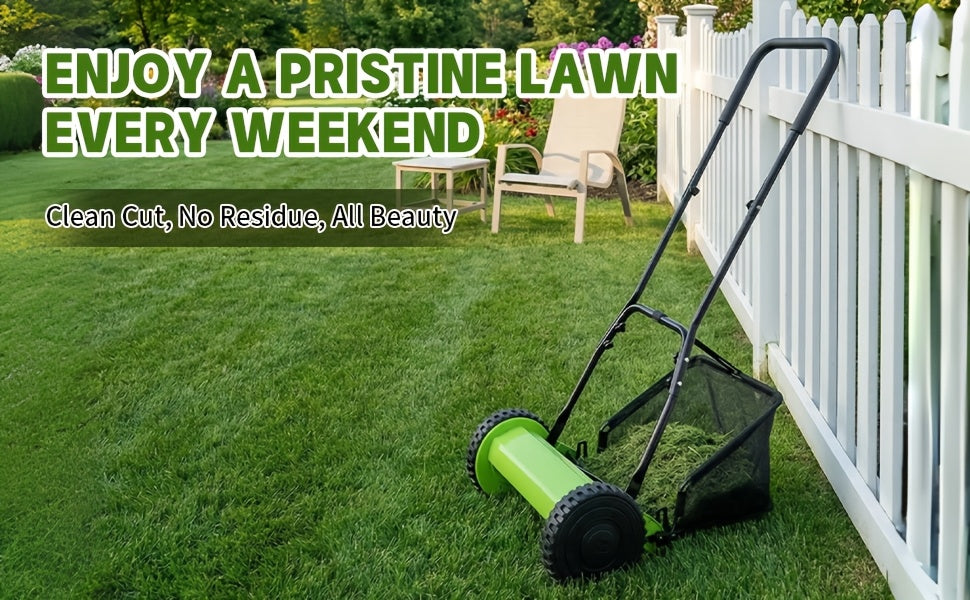 Durable Steel Construction, Precision-cut for Perfect Stripes, 12-inch 5-blade Manual Reel Push Mower, High-strength Steel Blades, Grass Catcher, Ergonomic U-shaped Handle, Dual-wheel Design. No Electricity Required, Suitable for Residential
