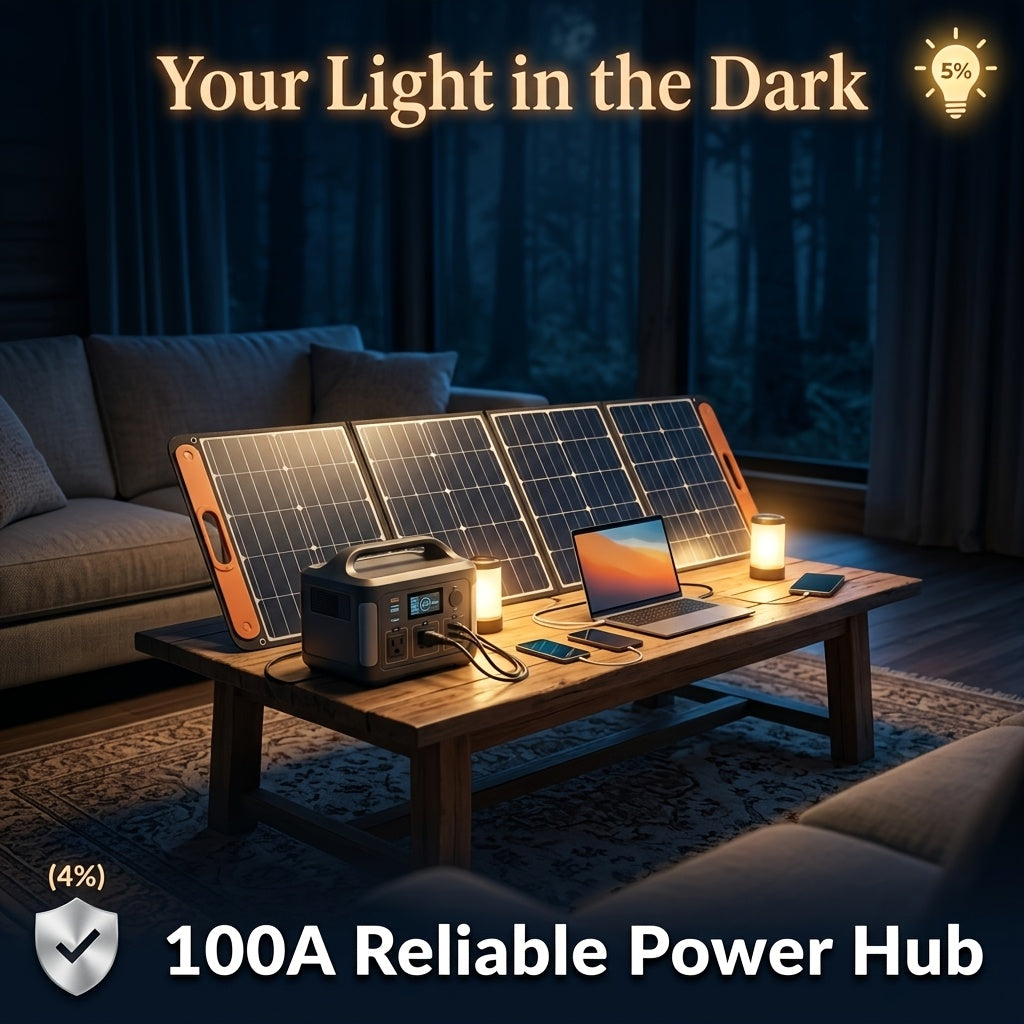 100A High Current Controller Foldable Solar Charging Panel USB-A Charge Multiple Output Emergency Power Backup for Portable Power Station Generator Laptop Tablet Home Disaster Reserve